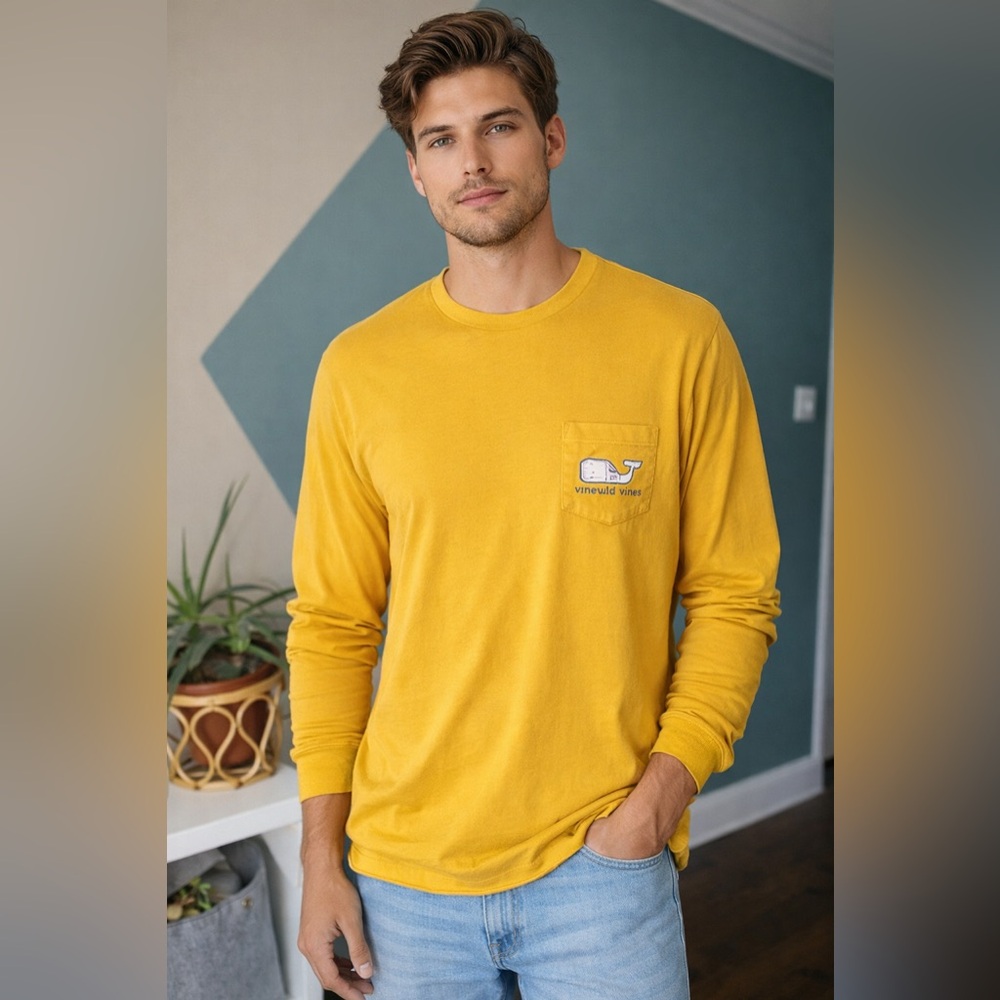 Vineyard Vines Men’s Medium Yellow Long-Sleeve Pocket T-Shirt Whale Graphic Tee